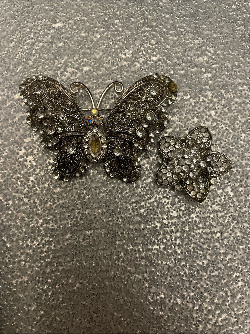 Crystal Butterfly and Flower Brooch Set - Silver Tone